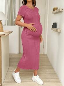 SHEIN 夏季孕妇休闲纯色侧开衩连衣裙 - 中紫紅色 - 查看 4