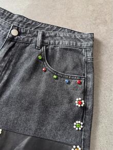 ROMWE MEN Street Life Celana Pendek Denim Longgar Kulit PU Patchwork Rhinestone Warna-warni untuk Pria, Gaya Kasual, Liburan, dan Perjalanan, Musim Panas - Hitam - View 6