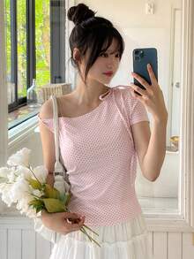 DAZY Camiseta asimétrica de hombro ajustada con lunares para mujer, con cintura ceñida, adecuada para primavera y verano - Rosa - Ver 8