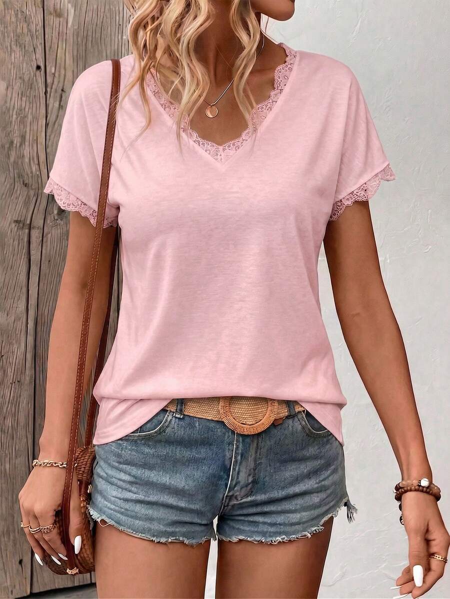 EMERY ROSE Camiseta casual versátil de mujer con cuello en V, manga corta y parches de encaje, nueva llegada para primavera/verano - Rosa - Ver 1