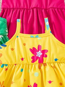 SHEIN Newborn Baby Girl Summer Maroon Butter Yellow Floral Print Strap Dress 3-Piece Set, Comfortable Cute Outfit, Great Gift Cute - Multicolor - View 4