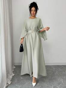 SHEIN Raffinéa Đầm nữ thanh lịch, tinh tế, tay cánh dơi, eo thon, màu kaki, thích hợp cho công sở và thường ngày, mùa xuân/hè. - xanh xám - Xem 5