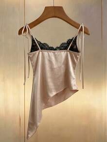 SHEIN Franclia Áo tank top nữ màu mơ-đen với nơ thắt cổ, phối ren, xếp nếp, cổ áo xếp ly, vạt áo bất đối xứng. - Màu be - Xem 2