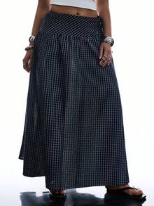 SHEIN EZwear 大码女式休闲简约风格藏蓝色格子侧系带半身裙 - 藏蓝色 - 查看 4