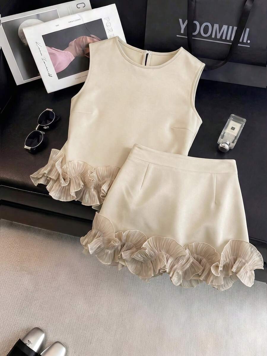 Franclia Summer New Elegant Versatile Floral Trim Top And Skirt 2 Pieces Set - Apricot - View 1