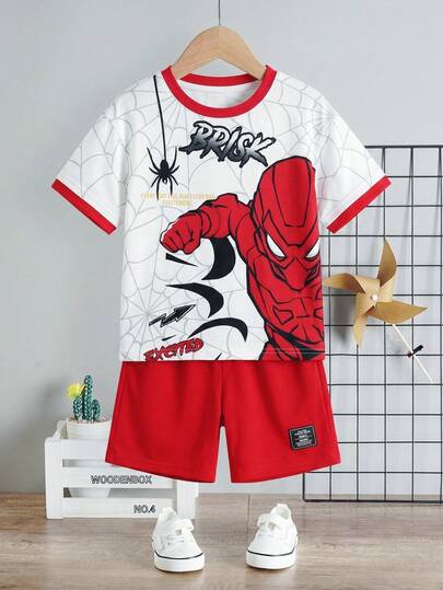 SHEIN Bubblio Bộ 2 quần short tay ngắn cổ tròn tối giản cho bé trai, thích hợp cho mùa hè, in hình mạng nhện và người hùng nhện cổ điển, phù hợp cho bãi biển, du lịch, kỳ nghỉ.