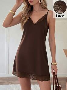SHEIN LUNE Women's V-Neck Lace Patchwork A-Line Slip Dress,Satin Fabric With Sheen,Elegant Dark Brown Summer Mini Dress For Office Brunch Party,Vacation Wear - Brown - View 2