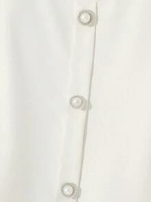 Franclia 女士纯色荷叶袖圆领衬衫，黄色，时尚百搭法式短款珍珠纽扣装饰上衣，优雅夏季上衣 - 白色 - 查看 4