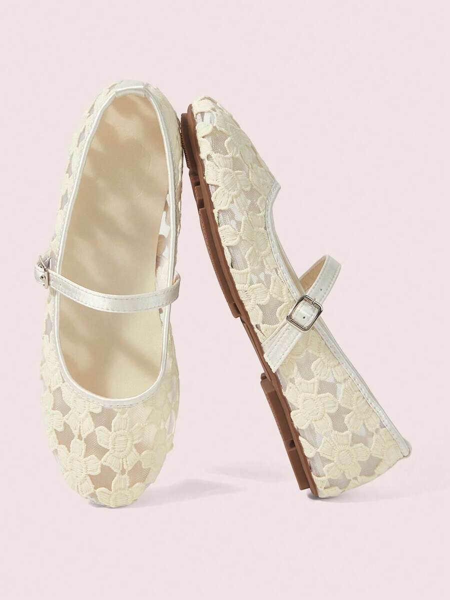 CUCCOO DOLLMOD Women's Shoes Fashion Round Toe Flower Embroidery Word With Mary Jane Flats Cute And Sweet Spring Shoes - Sakura Apricot - View 1