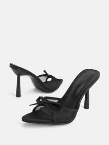 Glitzique Women's Stiletto High Heel Shoes, Black Bow Mesh Decor Pyramid Toe Mule Sandals, Glamorous Party High Heel Slippers - Black - View 5
