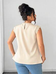 Elenzga Plus Size Women's Peach Summer Elegant Office Lace Patchwork T-Shirt,Round Neck Flare Cap Sleeve Blouse,Slim Fit Fashion Versatile Top For Outing - Apricot - View 2