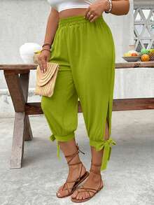 Breezaya Plus Size High Waist Drawstring 7/8 Pants, Spring/Summer - Limelight Green - View 5