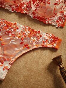 PinupPomp 2pcs/Set Pink Romantic Padded Wire Bra & Panty Set For Women, Lingerie - Orange - View 5