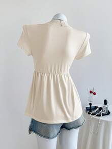 Elamini Women's Apricot V-Neck Lace Trim Fitted Comfortable Versatile T-Shirt, Spring/Summer - Apricot - View 2