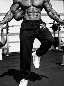 GymBeat Quần thể thao nam in chữ, cạp chun, kiểu dáng thường ngày, có dây rút. - màu đen - Xem 7