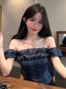 Joudiya 春夏辣妹音樂節時尚格紋拼色拼接露肩荷葉邊蕾絲拼接休閒度假街頭情人節婚禮宴會修身優雅荷葉邊拼接短袖女式襯衫 - 藏蓝色 - 查看 3