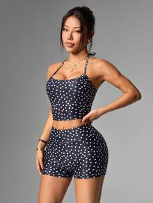 Dewbera Bộ đồ thể thao nữ họa tiết chấm bi, cổ yếm, gồm áo tank top và quần short. - Nhiều màu - Xem 4