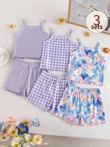 SHEIN Playful Pals Setelan Celana Pendek Anak Perempuan yang Nyaman, Serbaguna, Manis, dan Imut, Pakaian Musim Panas Multi-Potong - MultiWarna - View 1