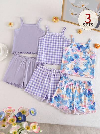 SHEIN Playful Pals 女婴舒适百搭甜美可爱吊带短裤套装，夏季多件套