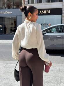 女式高领长袖系带袖口优雅别致通勤衬衫，带蝴蝶结 - 杏色 - 查看 2