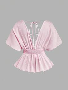 Franclia Plus Size Elegant French Style Minimalist Fashion V-Neck Fitted Blouse - Baby Pink - View 2