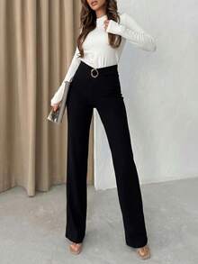 SHEIN Raffinéa Women's Solid Color Minimalist Elegant Casual Slim Fit Pants Teachers' Day Office Black Autumn - Black - View 4