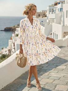 Faunlyn Women's Floral Print Plunging V-Neck Flare Sleeve Mini Dress, Vacation Wear Autumn Graduation, Bohemian Cottagecore Boho Clothes Off-White - White - View 5