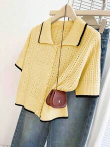 Franclia Cárdigan casual y suelto con cuello polo, manga corta, tejido calado y diseño de ribete de contraste en color albaricoque para mujer, primavera/verano - Amarillo claro - Ver 6