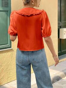 Franclia Camisa suelta de mujer de solapa de Peter Pan, manga de pétalo y abotonadura sencilla, de moda y versátil - Naranja - Ver 3