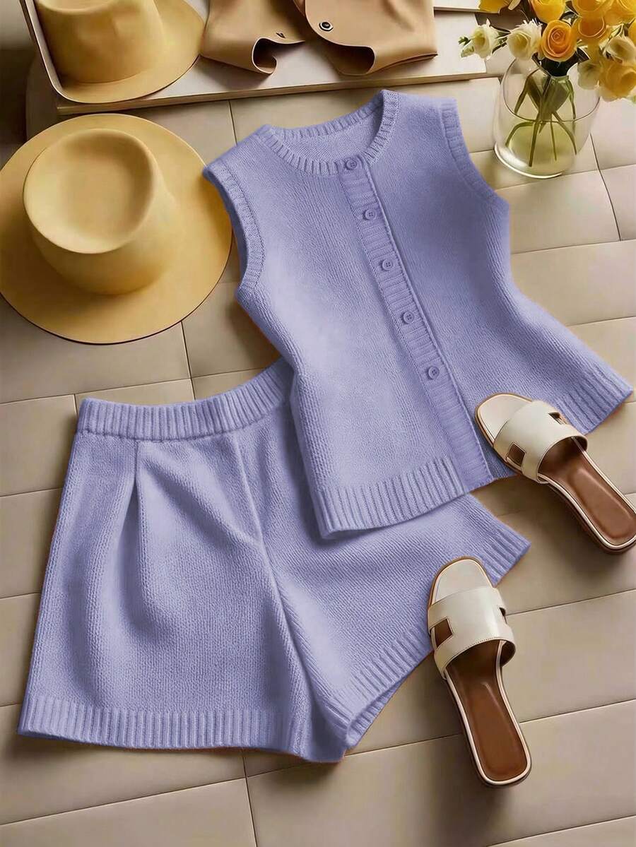 Qadelle Bộ áo len nữ kiểu dáng retro mới, cổ tròn, màu trơn, gồm áo khoác cardigan và quần short, thích hợp mặc hàng ngày, gồm 2 món. - Màu tím - Xem 1