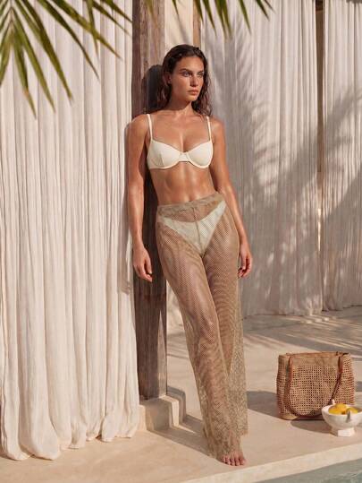 Swim Chiccia Women's Khaki Knit Mesh Hollow-Out Long Pants