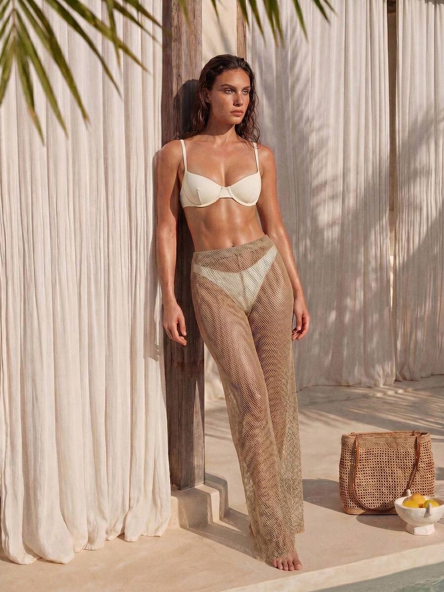 SHEIN Swim Chicsea 女士卡其色针织网眼镂空长裤 - 卡其色 - 查看 1