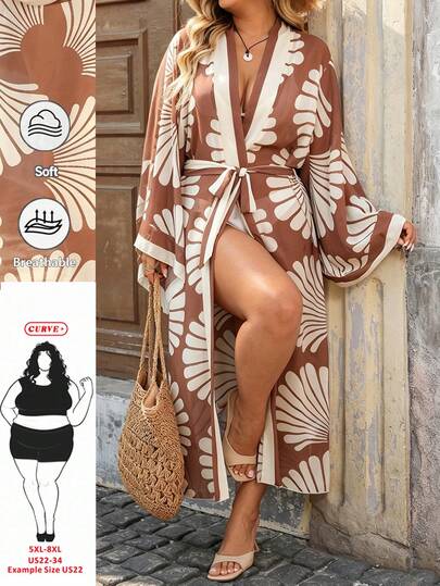 SHEIN CURVE+ Áo kiểu kimono dài, nhẹ nhàng và thanh lịch màu nâu cà phê in họa tiết retro dành cho nữ cỡ lớn, thích hợp cho kỳ nghỉ.