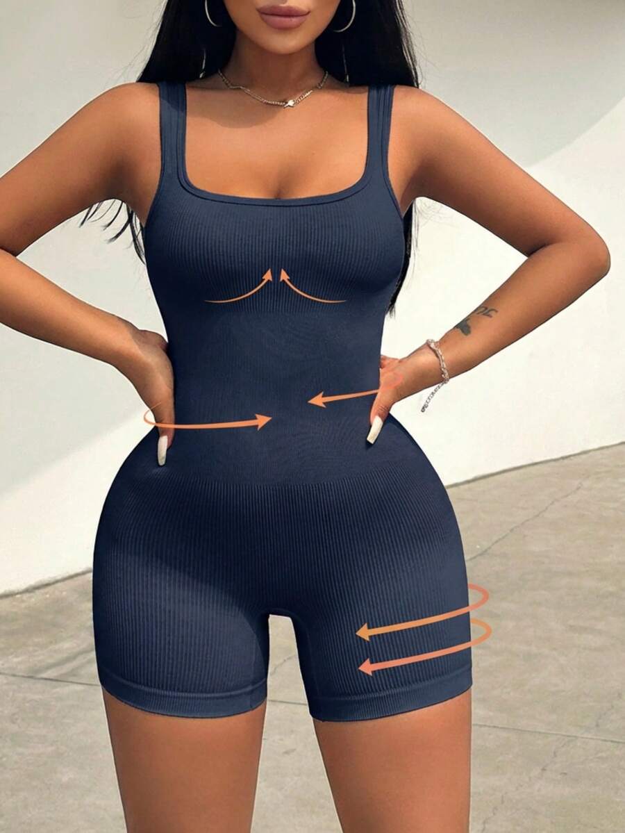 BamGleam Jumpsuit Bodycon Tanpa Lengan Warna Polos Kasual untuk Wanita, Bodysuit Pengontrol Perut untuk Wanita - Navy Blue - View 1