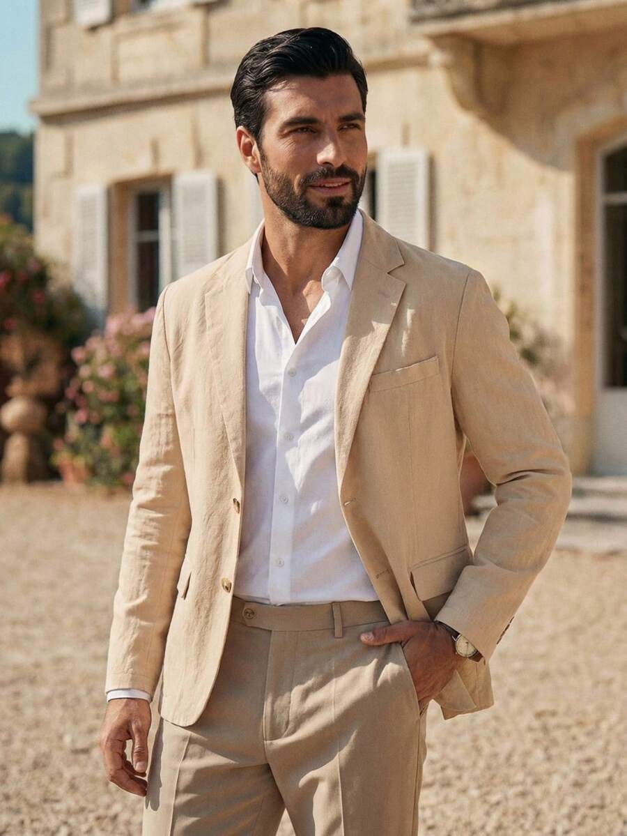 HIMLAND Blazer casual de manga larga, holgado y tejido para hombres, para otoño e invierno - Caqui - Ver 1