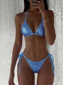 Costavie Swim SXY 两件式亮片纹理面料三角罩杯文胸和侧系带比基尼泳衣套装，性感女士夏季度假 - 藍色 - 查看 1