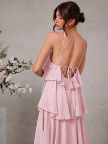 L'Amorae Elegant Romantic Wedding Guest Solid Halter Tiered Chiffon Maxi Dress - Pink - View 3