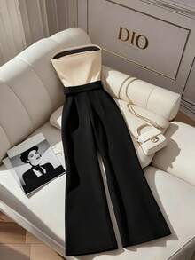 SHEIN PETITE Bộ jumpsuit nữ không dây vai, phối màu tương phản, khóa kim loại ở eo, ống rộng. - Nhiều màu - Xem 2