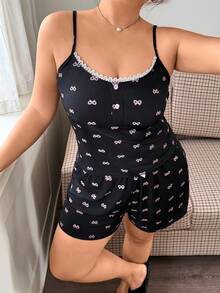 Napfluff CURVE Napfluff CURVE Plus Size Women Lace Patchwork Allover Print Camisole And Shorts Casual Loungewear Set - Black - View 3