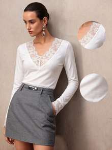 NOVVYNE Áo thun ôm dáng, thoải mái, viền ren, cổ chữ V, gợi cảm và thanh lịch, màu xanh navy. - trắng - Xem 3