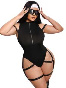 SHEIN Plus Size Fashionable Pioneer Zipper Knit Jumpsuit - Black - View 1
