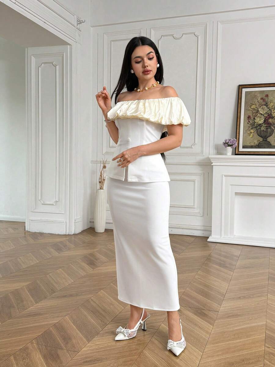 Modelyn Bộ đồ 2 mảnh thanh lịch dành cho nữ: Áo croptop trễ vai xẻ tà và chân váy. - Màu be - Xem 1