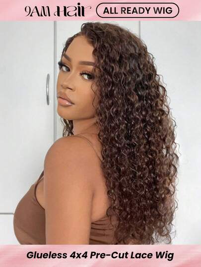 ALL READY WIG Sóng nước màu nâu sẫm màu sô cô la được tẩy trắng trước khi cắt sẵn ren 180% mật độ mặc và đi không cần keo 4x4 Ren Tất cả tóc giả đã sẵn sàng với dây đeo silicon chống trượt và mũ vòm thoáng khí