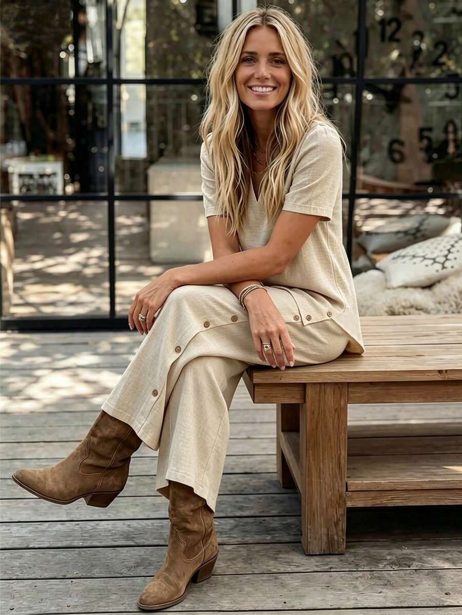LanaWest Women's Summer Khaki V-Neck Short Sleeve Asymmetric Hem Wooden Button Shirt + Elastic Waist Pockets Wooden Button Loose Wide Leg Pants Two Pieces Casual Vacation Set - Khaki - View 1