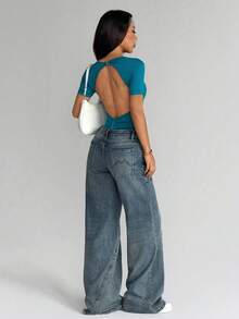 Dewbera Seamless Knit Hollow-Out Backless Square Neck Women Sports Jumpsuit - Dusty Blue - View 6
