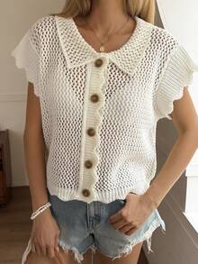 DAZY Women's Fashion Versatile Vacation Hollow Out Single-Breasted Knit Lightweight Cardigan - White - View 4