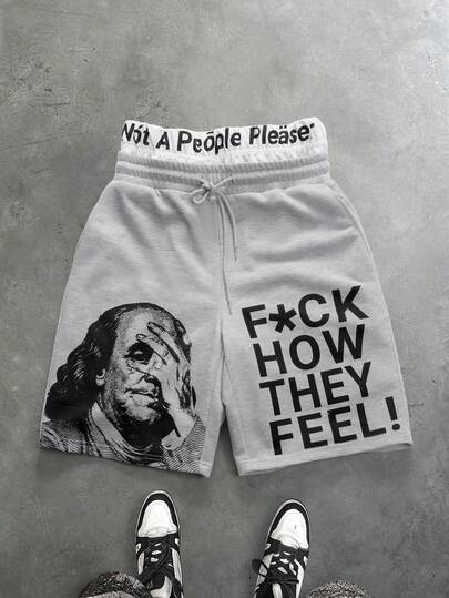 PAVTROS Men's Versatile Slogan Print Drawstring Waist Pocket Shorts