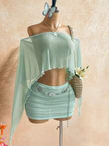 Soleia Bộ đồ dự tiệc gợi cảm mới, áo kiểu lệch vai đính sequin vàng, dáng rộng, vạt áo lệch và chân váy ngắn xếp ly cạp thấp, phong cách Bohemian, Boho, đi nghỉ mát, cổ điển, lễ hội, bãi biển, du thuyền. - màu xanh lá - Xem 6