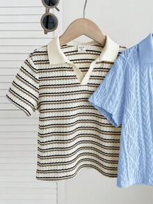 SHEIN 2件套男童可爱休闲夏季条纹短袖polo衫，适合生日派对、晚宴、演出、婚礼、洗礼和学校假期穿着。 - 彩色 - 查看 5