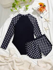 SHEIN 少女比基尼泳装，蝴蝶结拉链设计两件套，无袖露脐上衣和短裤，适合游泳、海滩、泳池、夏季度假、派对等场合。 - 黑與白 - 查看 2